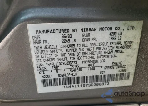 2003 Nissan Altima Base z USA, uszkodzony, nr VIN 1N4AL11D73C296873